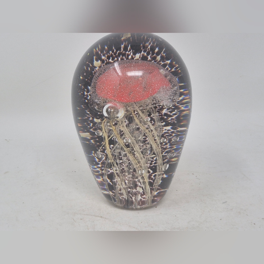 Art Glass Red And Yellow Jelly Fish Paperweight